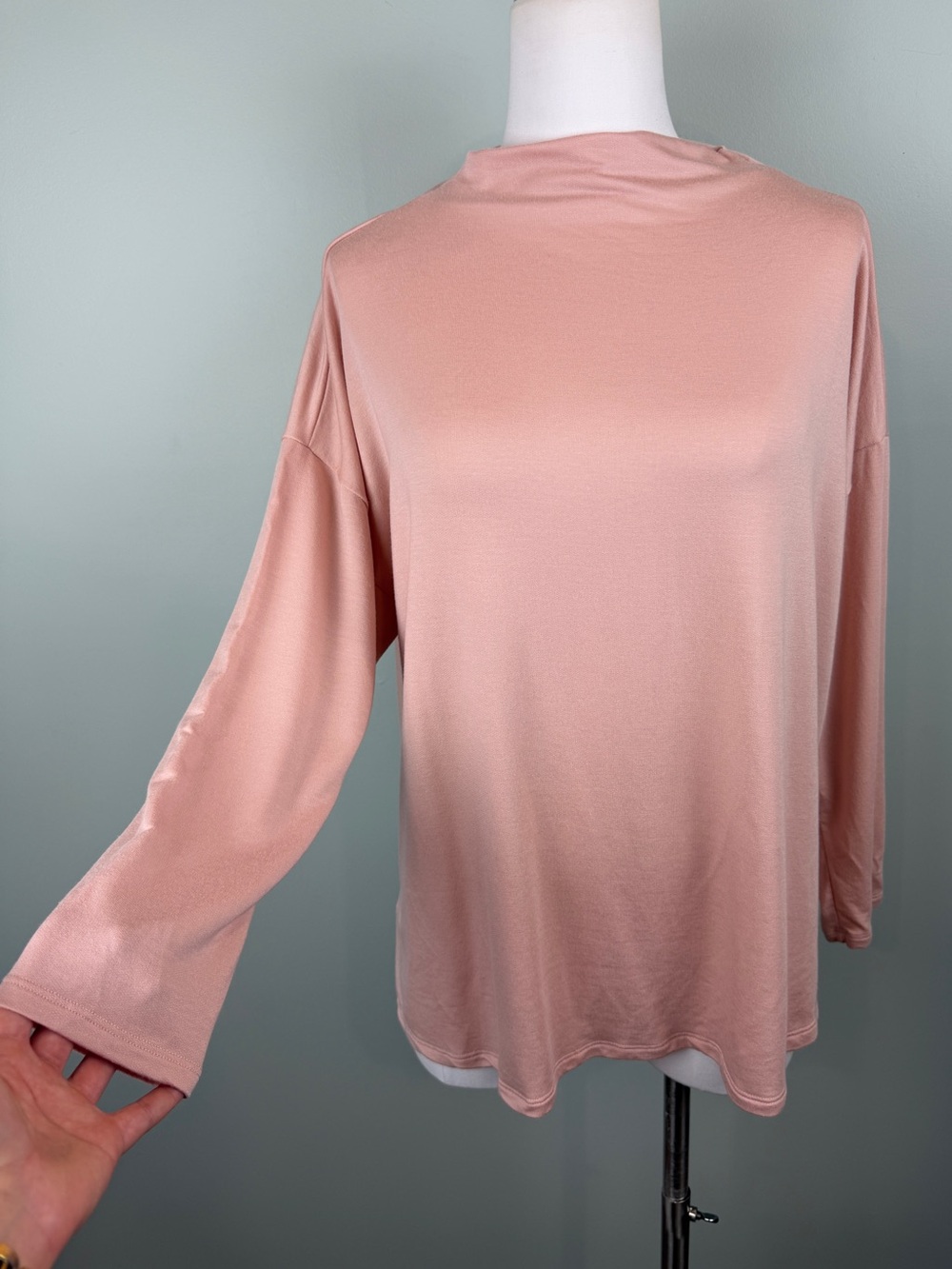 Eileen Fisher Stretch Terry Funnel Neck Box-Top Soft Pink Long Sleeve Top size L